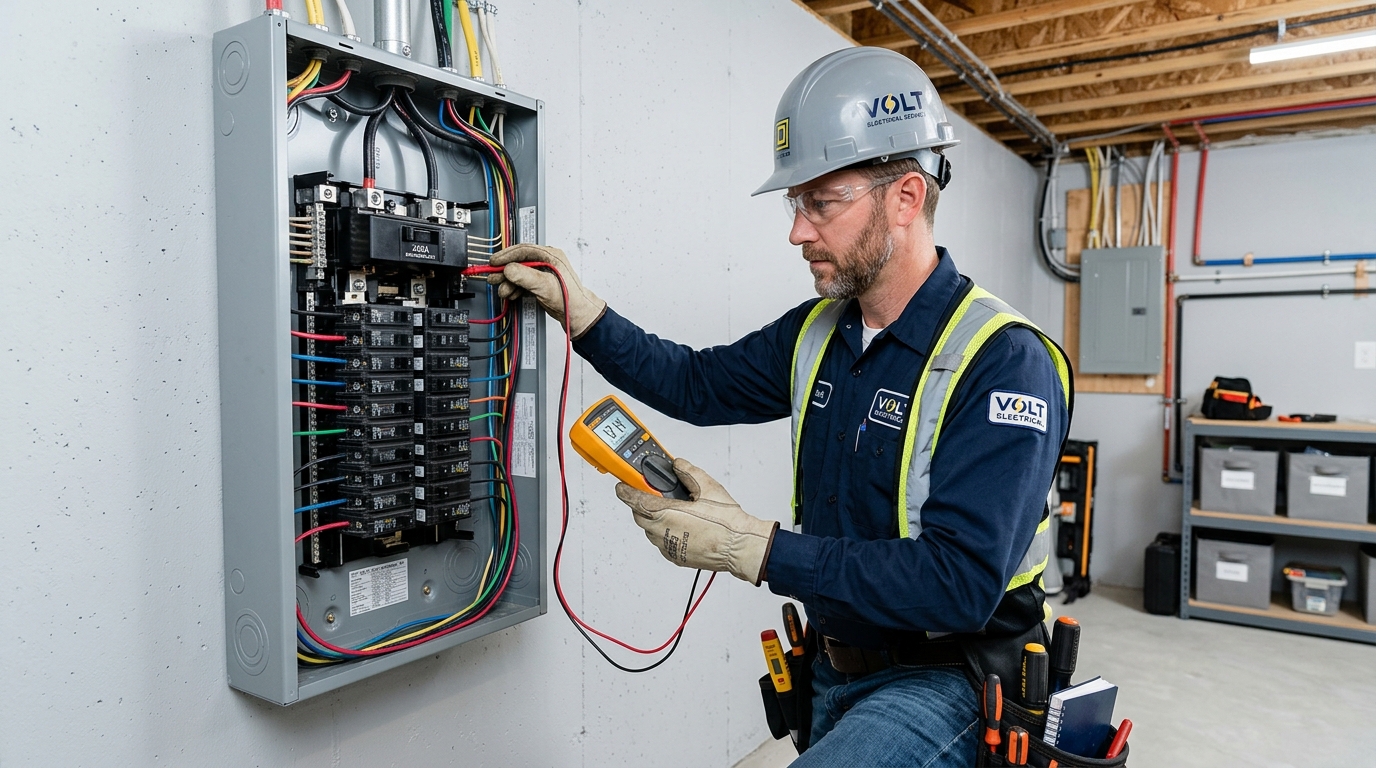 Prime 1 Electric licensed electrician inspecting a 200 amp electrical panel upgrade in an Ajax home